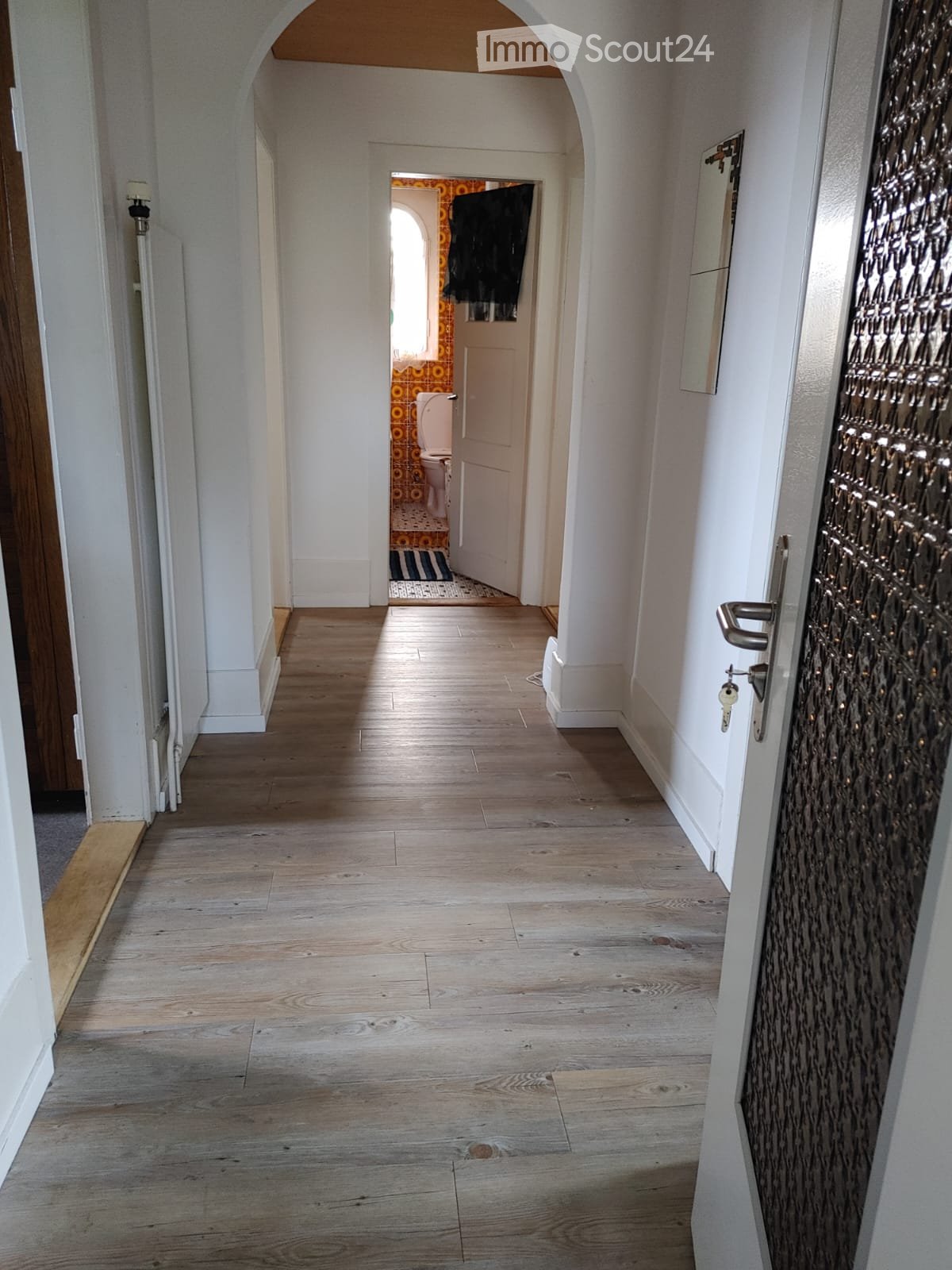A long, narrow hallway with light wooden flooring, white walls, and an arched ceiling. A door on the right leads to a room with visible tiles and a toilet, while a mirror and a decorative door are visible on the right side.