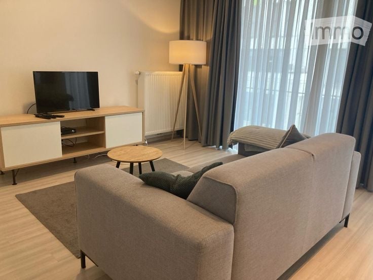 Modern living room with a grey sofa, coffee table, TV stand, floor lamp, and ottoman. Large windows with grey curtains and a radiator are visible.