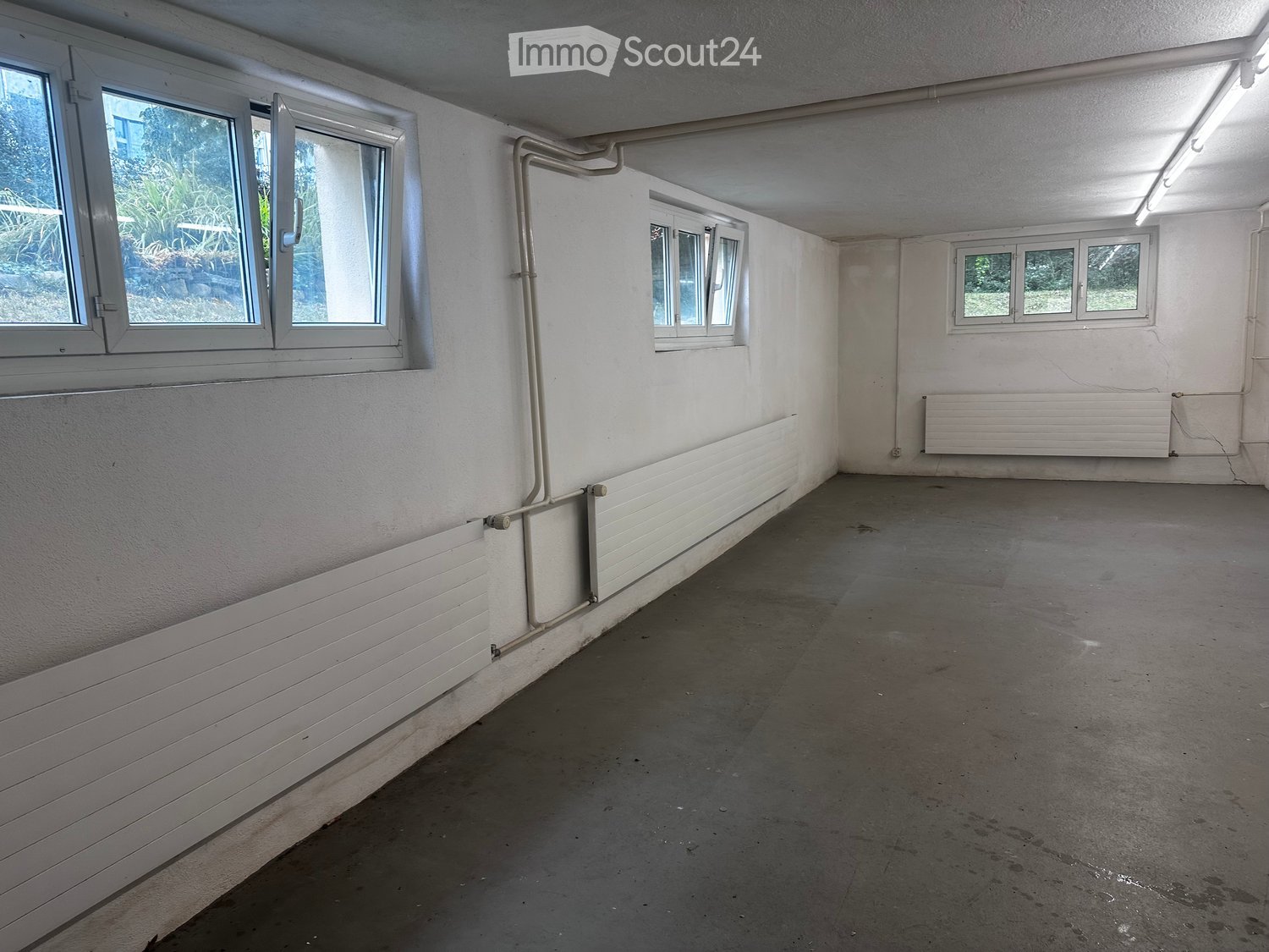 Empty room with white walls, concrete floor, multiple windows, and radiators along the walls.