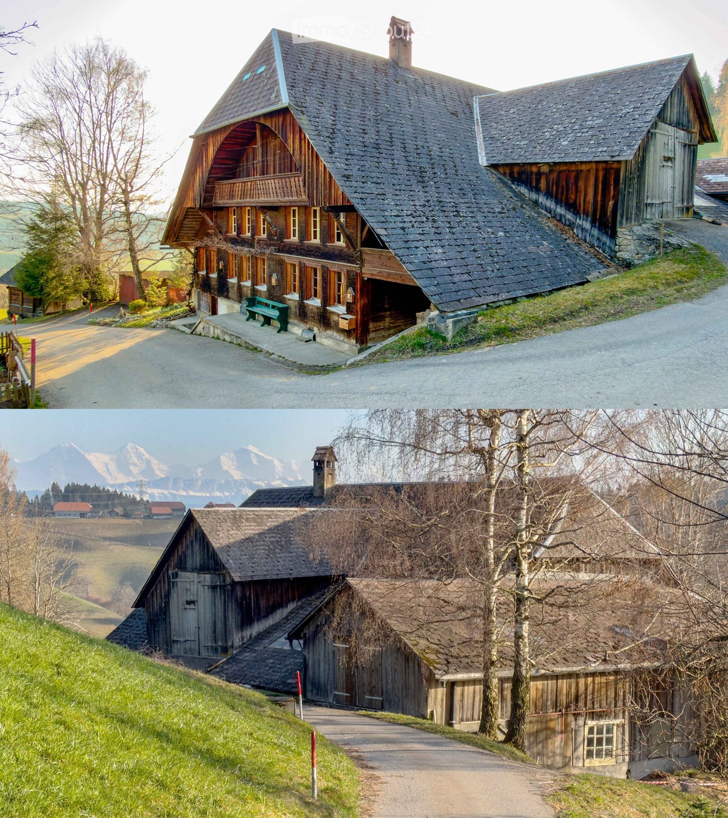 Traditional wooden house, steep roof, wooden exterior, multiple windows, green bench, surrounded by trees and grass, mountain view