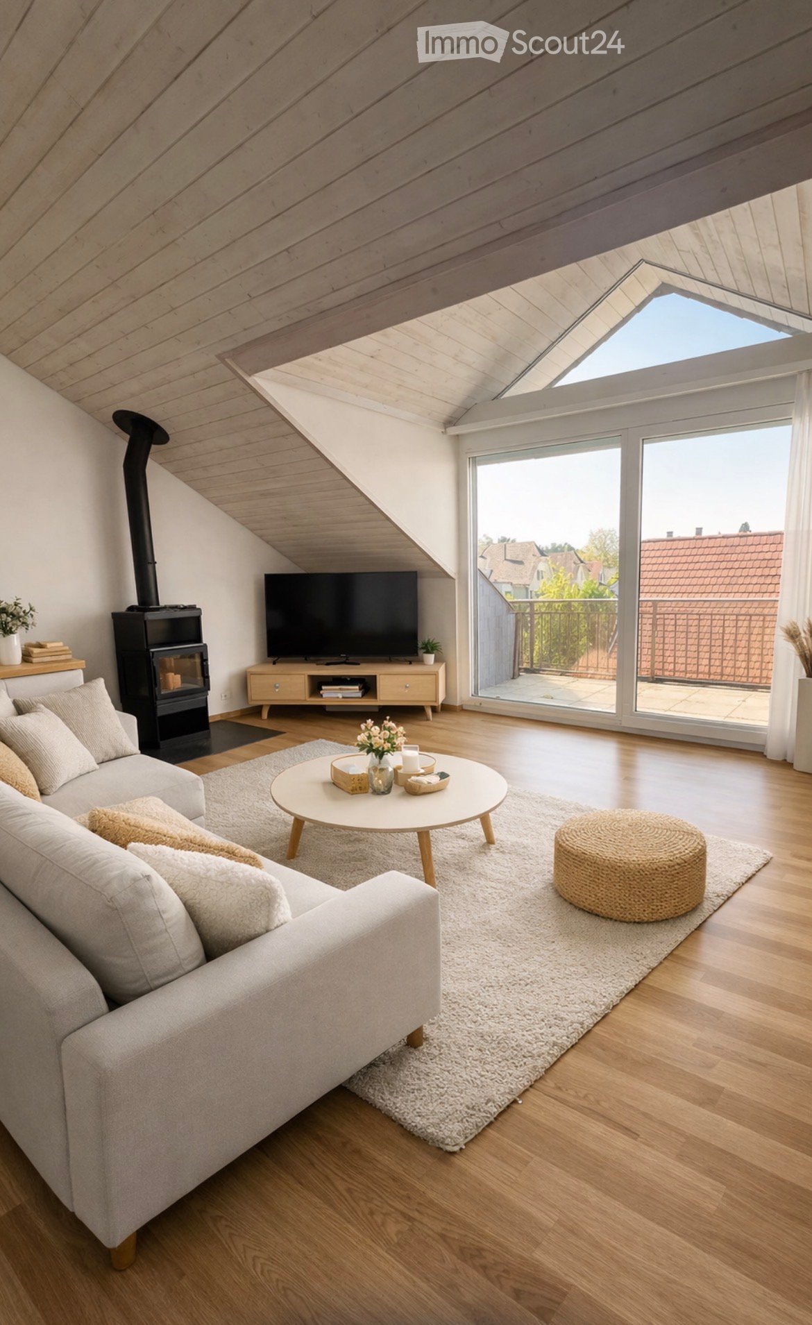 Modern living room with wooden floors, slanted wooden ceiling, large windows, balcony access, sofa, coffee table, television, fireplace, and decorative items.