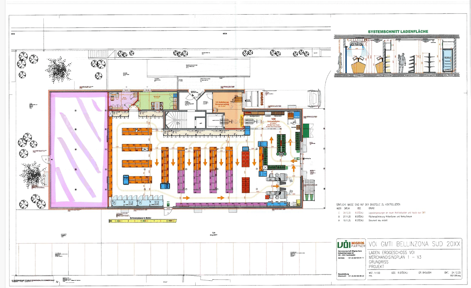Ground floor plan of a commercial building, showing various zones including retail spaces, storage areas, and circulation paths. The layout includes labeled sections, dimensions, and directional arrows.