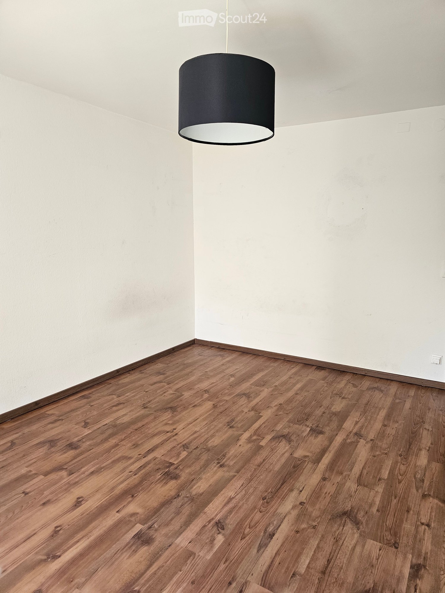Empty room with light-colored walls and a polished wooden floor, featuring a single modern pendant light fixture hanging from the ceiling.