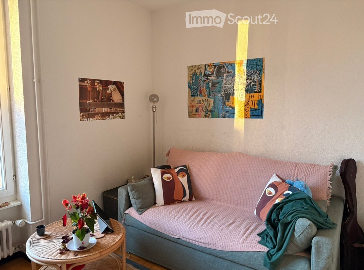 A cozy living room with a pink sofa, decorative pillows, a small round table with a flower pot, and artwork on the walls.