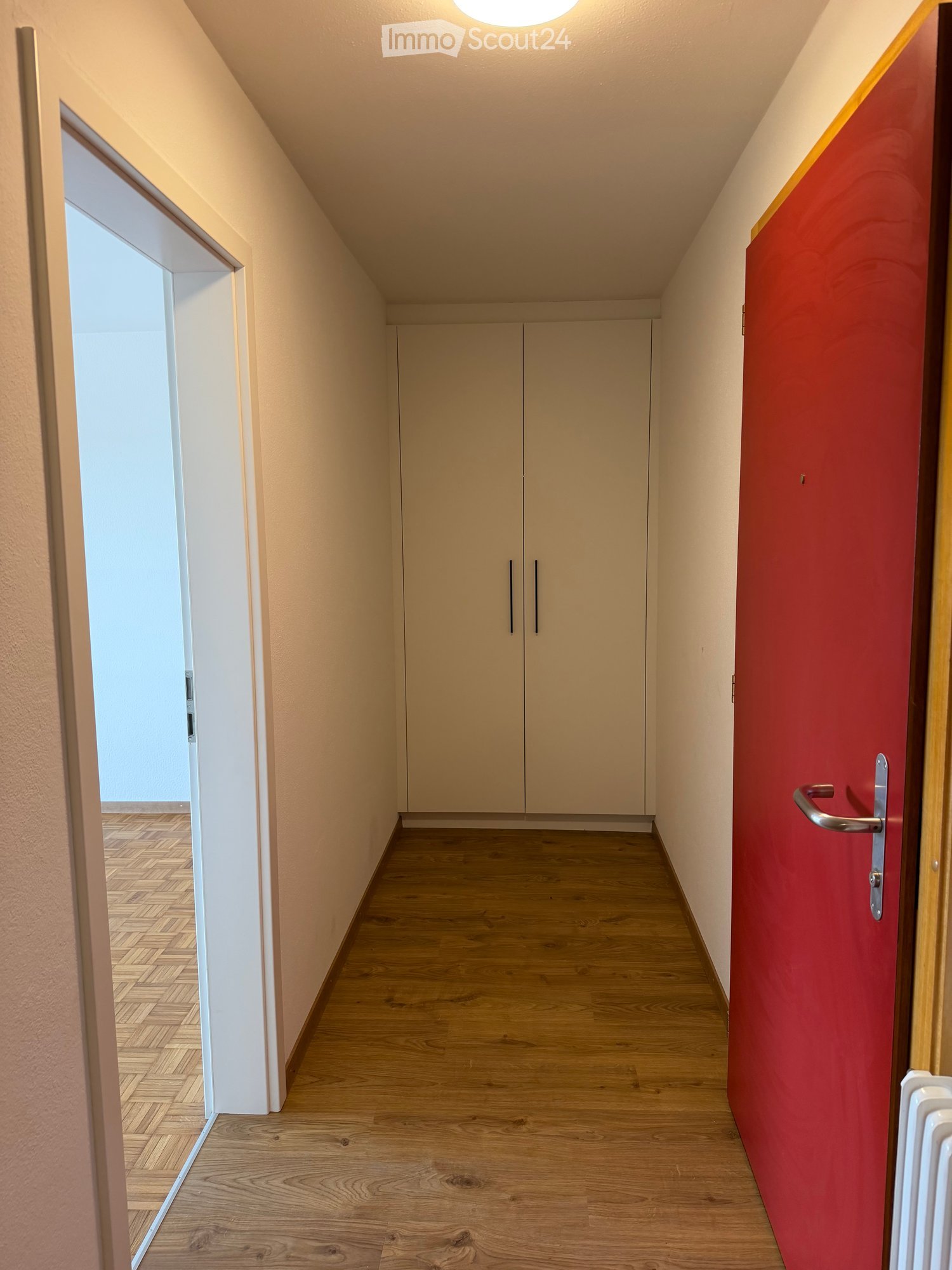 A narrow hallway with wooden flooring, light-colored walls, and a built-in closet with double doors. The hallway features a red accent wall on one side and a partially open door leading to another room.