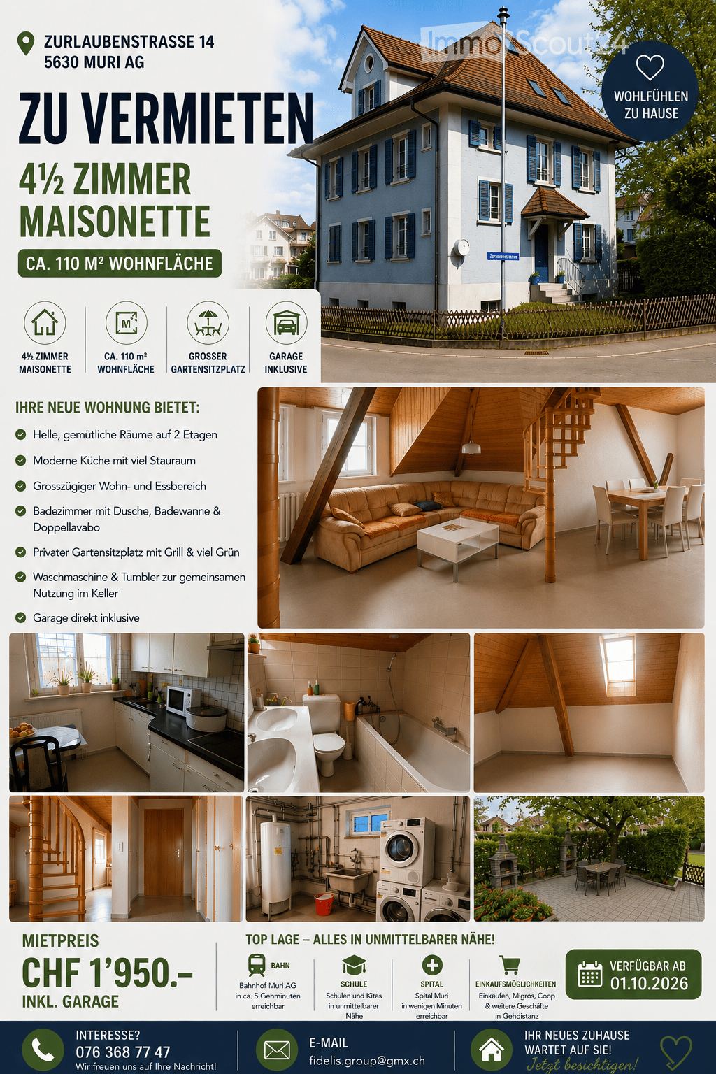 Two-story house with blue shutters, white walls, and a brown roof. Features include a spacious living and dining area, modern kitchen, bathroom, private garden seating area, and garage.