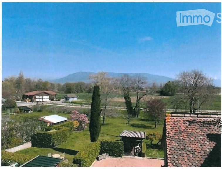 A peaceful garden with a view of the countryside and distant mountains, featuring a tall cypress tree, neatly trimmed hedges, and scattered trees.