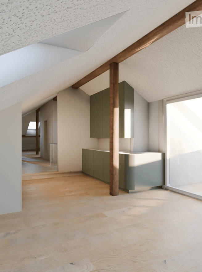 Bright, open attic space with wooden flooring, white walls, and modern green cabinetry. Exposed wooden beams and skylights provide natural light.