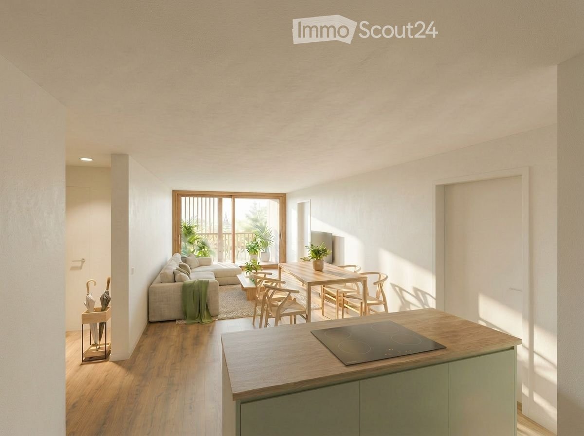 Bright, open-plan living and dining area with wooden flooring, large sliding glass doors leading to a balcony, a sofa, coffee table, dining table with chairs, and an induction cooktop.
