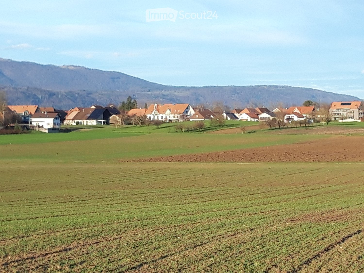 Rural landscape with scattered houses, green fields, and distant mountains under a clear sky.