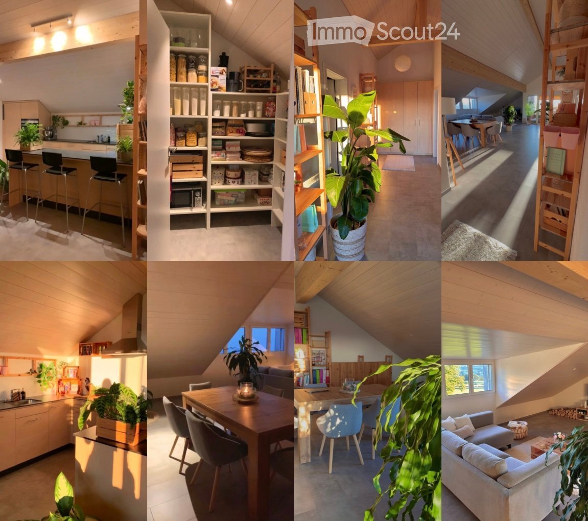 A collage of six images showcasing a modern, well-lit attic space with wooden beams, white walls, and various furnished areas including a living room, dining area, kitchen, and storage shelves.