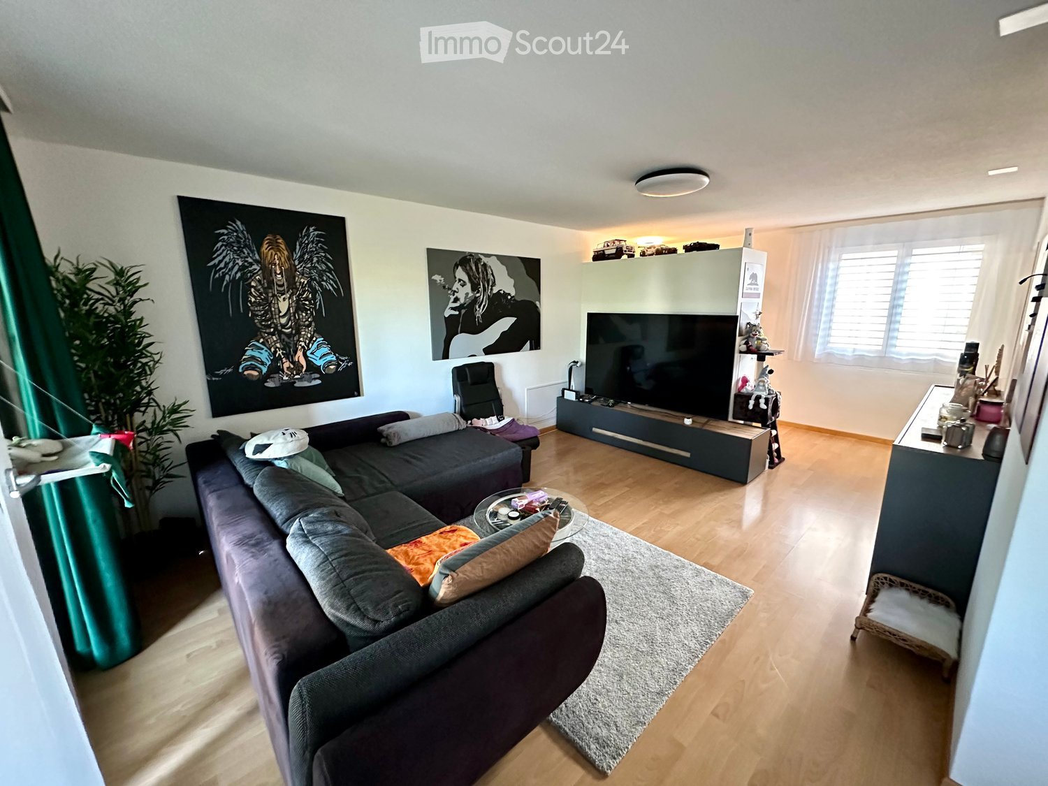 Modern living room with a dark grey sectional sofa, coffee table, flat-screen TV, and decorative artwork on the walls.