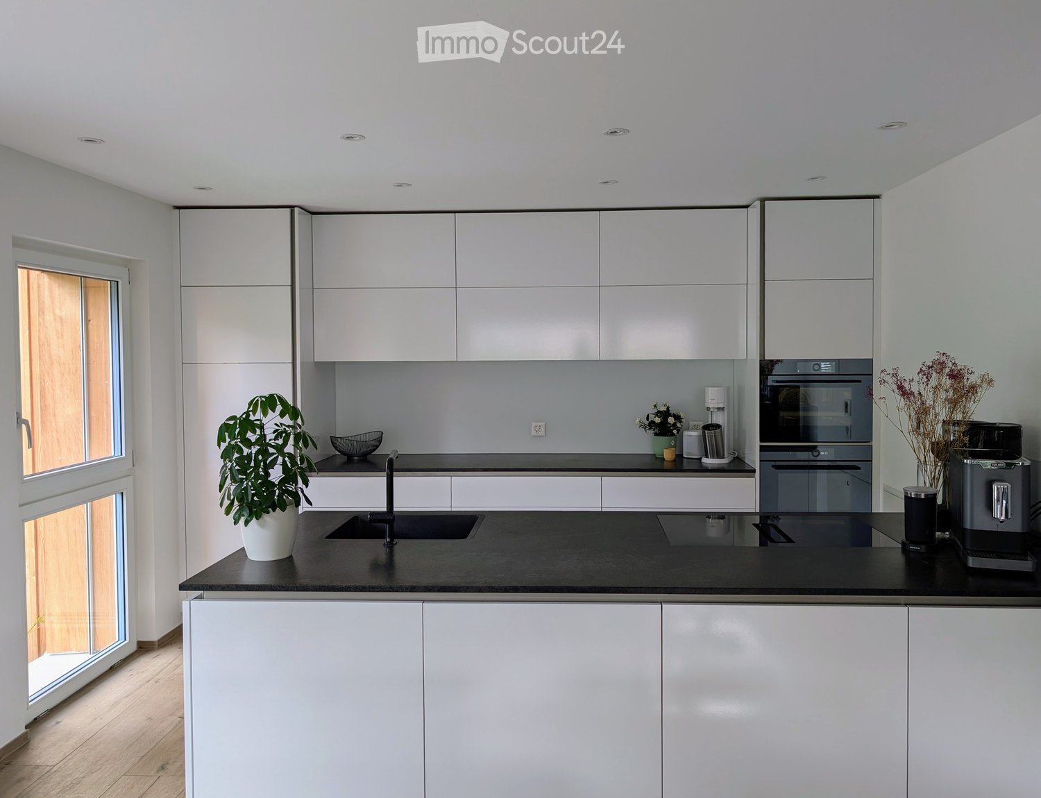 Modern kitchen with white cabinets, black countertop, sink, coffee maker, oven, and decorative plant.