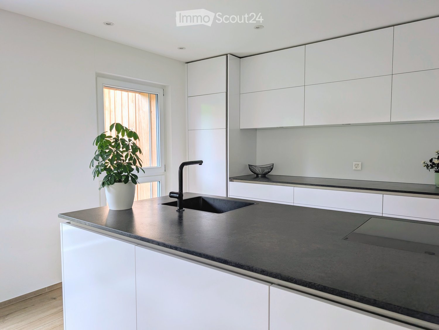 Modern kitchen with white cabinets, dark grey countertop, sink, faucet, and a potted plant on the island.