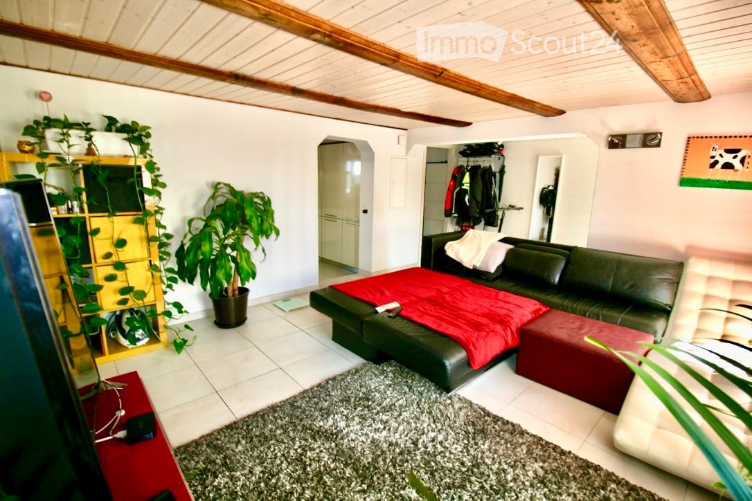 Living room with a black leather sofa, red throw blanket, ottoman, coffee table, potted plants, and a shelf with decorative items.