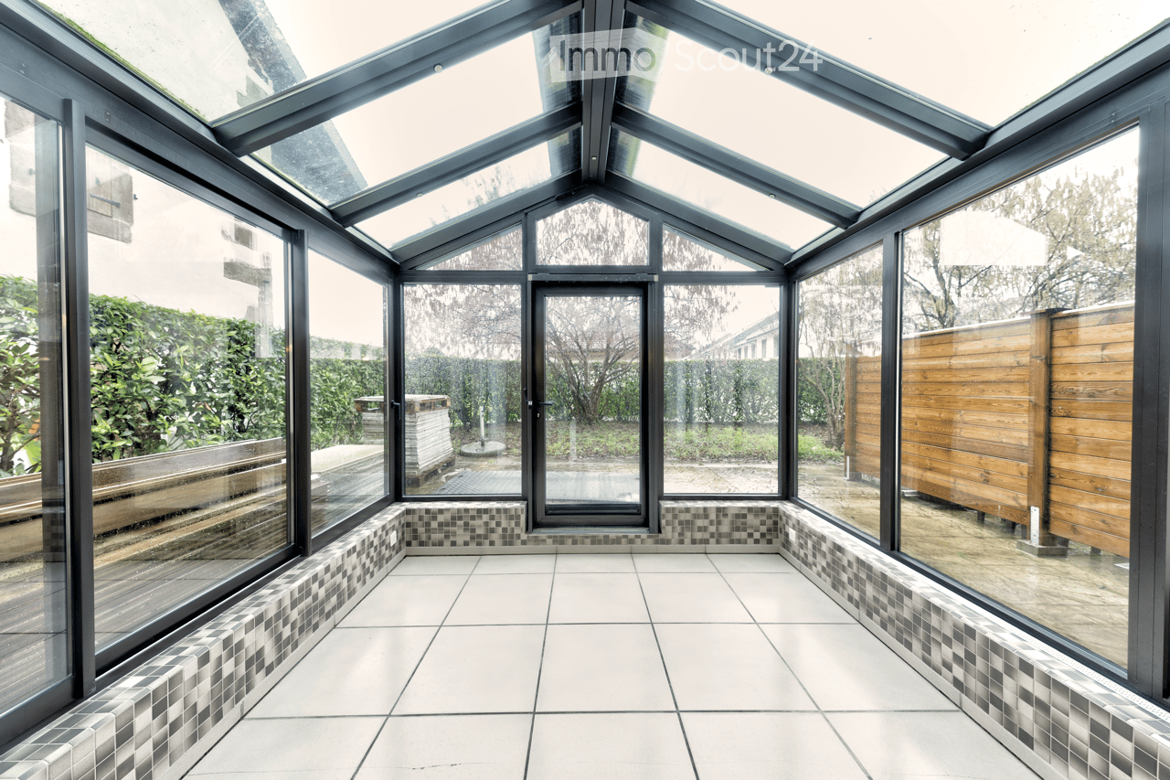 glass walls, white tiled floor, wooden fence, glass door, glass windows