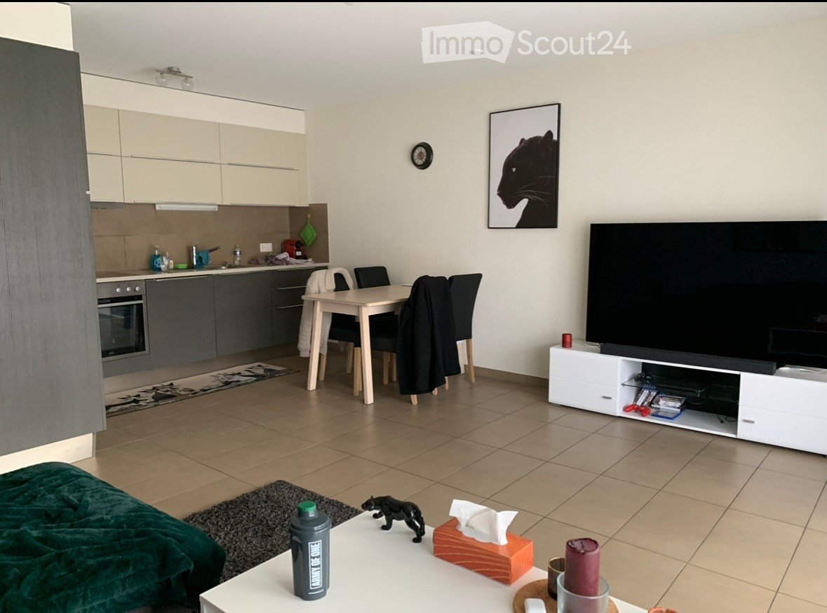 Open-plan living and dining area with modern furniture, including a sofa, coffee table, dining table with chairs, kitchen cabinets, oven, fridge, TV stand, picture frame, and clock.