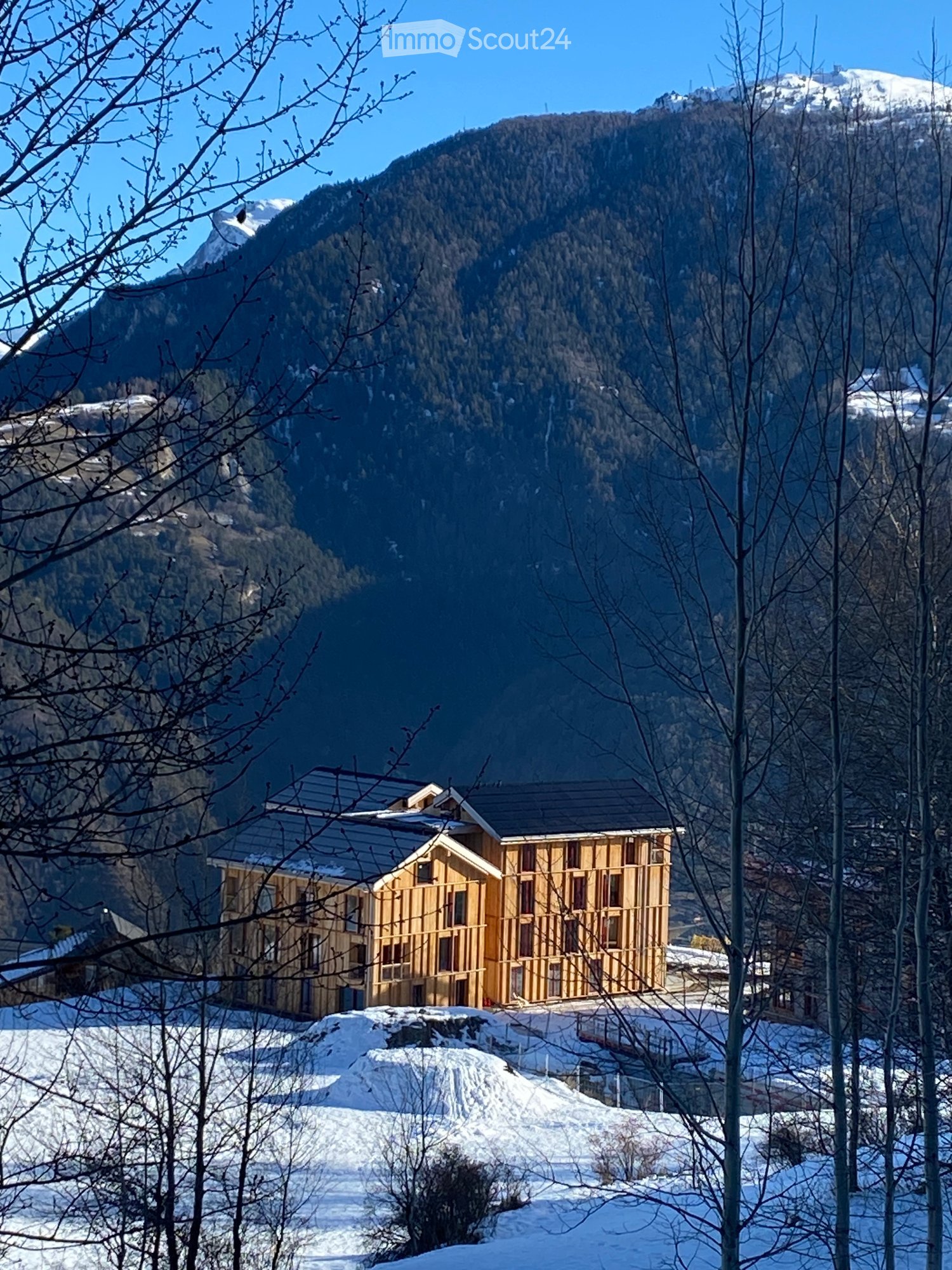 A modern wooden house with a dark roof, situated in a snowy mountainous landscape with bare trees in the foreground.