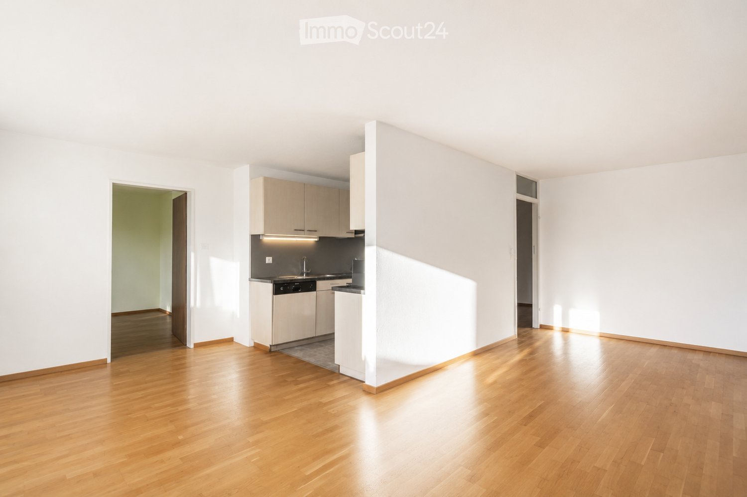 Open-plan unfurnished room with light wooden flooring, white walls, and a small kitchen area featuring cabinets, sink, and dishwasher.