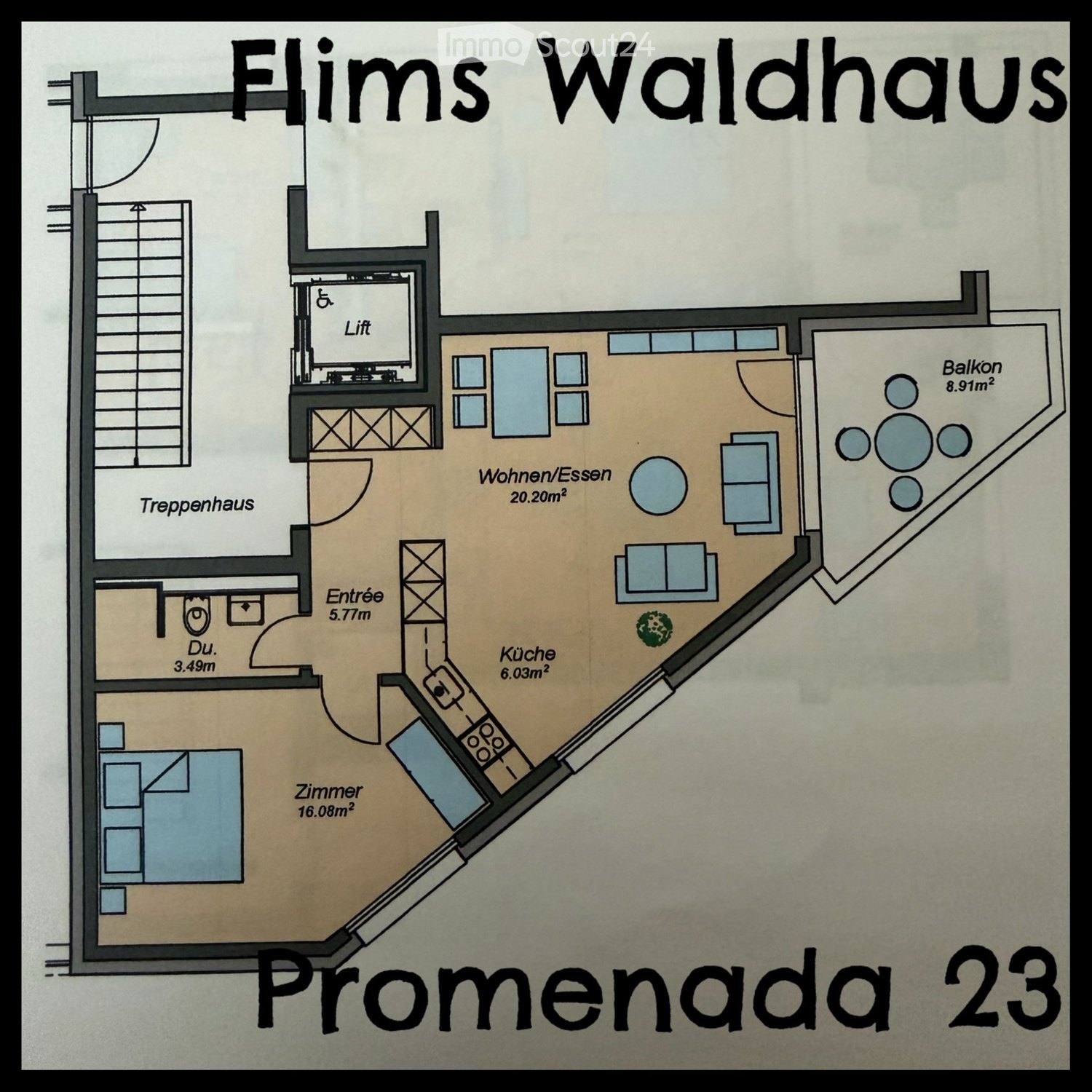 Floor plan of "Flims Waldhaus" showing a living/dining area, kitchen, bedroom, entrance, staircase, lift, and balcony.