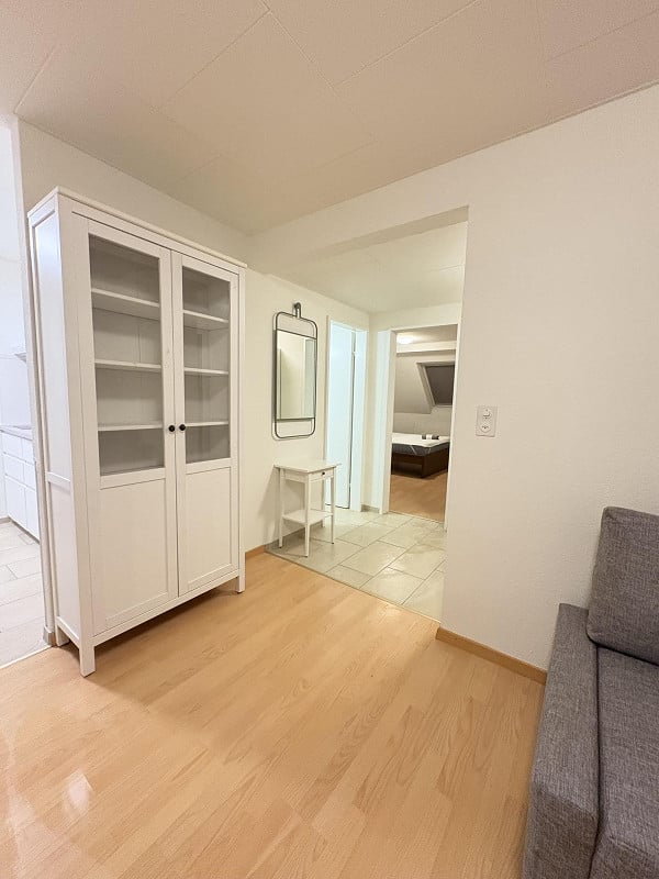 A modern, minimalist living room with light wooden flooring, white walls, a grey sofa, a white cabinet with glass doors, a small white side table, and a mirror on the wall. The room is connected to another space with a bed visible in the background.