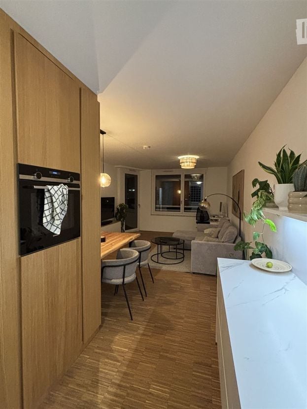 Modern open-plan living and dining area with wooden flooring, grey sofa, coffee table, dining table with chairs, built-in oven, pendant lights, and decorative plants.