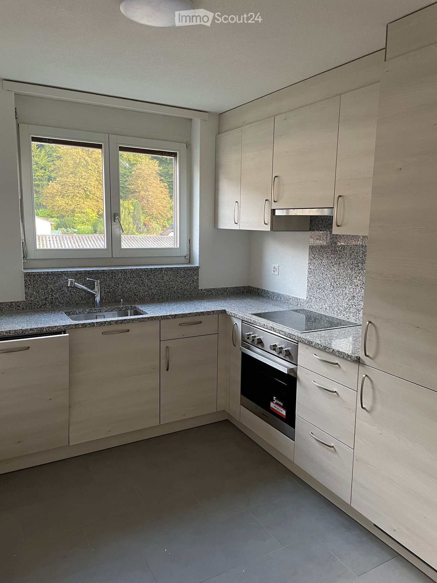 Modern kitchen with light wood cabinets, granite countertops, stainless steel sink and oven, and large windows overlooking greenery.
