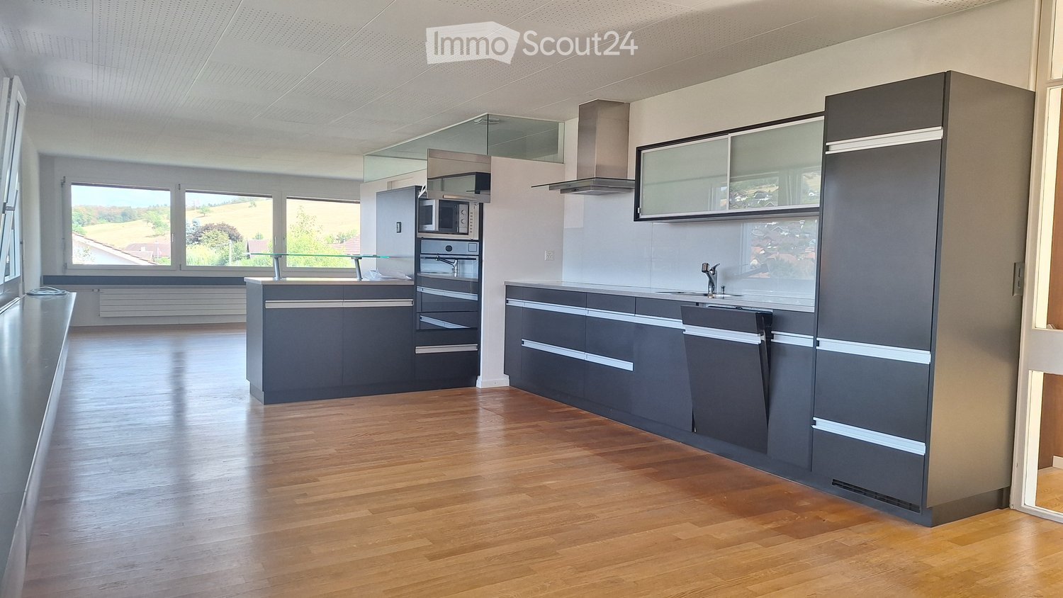 Modern kitchen with grey cabinets, wooden flooring, stainless steel appliances, and large windows overlooking a green landscape.