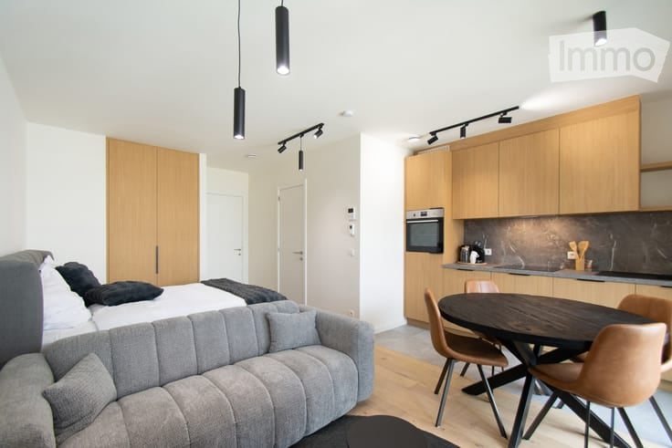 Modern, open-plan living and sleeping area with a grey sofa, a bed, a dining table with chairs, and wooden cabinets. The space features sleek, contemporary design with pendant lighting and a neutral color palette.