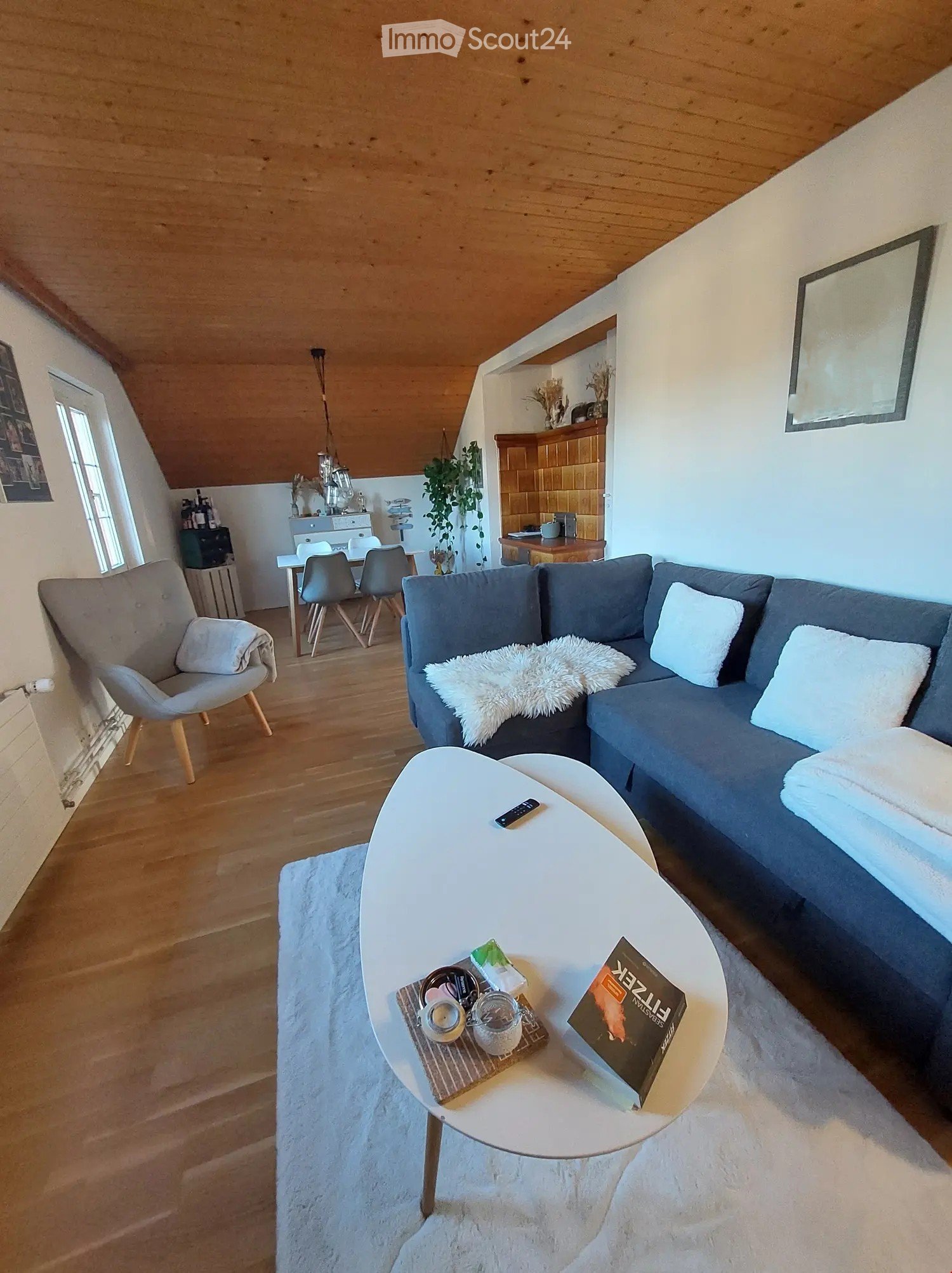 {"type": "Furnished Room", "objects": ["sofa", "coffee table", "chair", "dining table", "dining chairs", "kitchen cabinet", "kitchen counter", "kitchen sink", "kitchen stove", "kitchen refrigerator", "kitchen microwave", "kitchen toaster", "kitchen blende