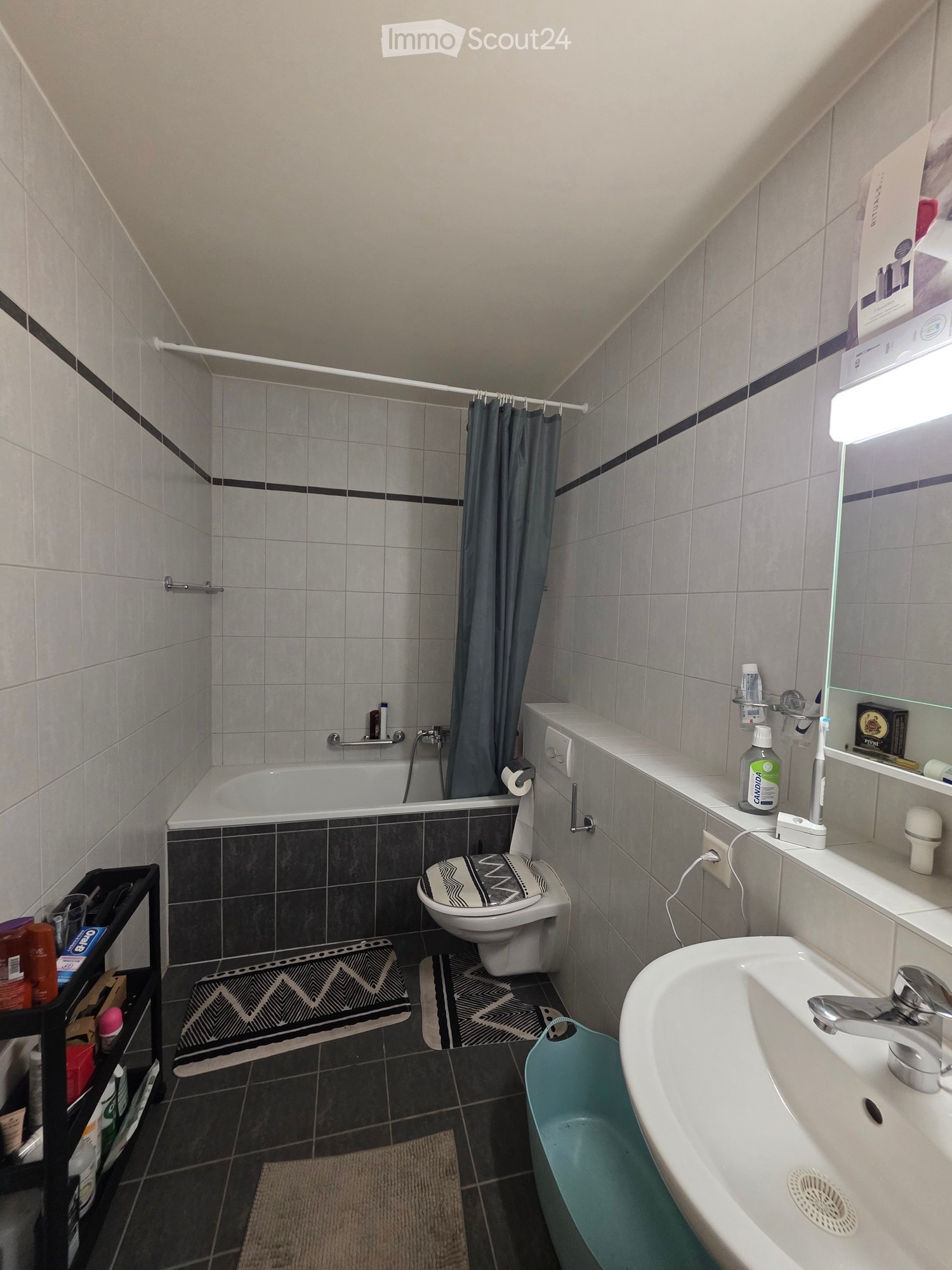 Bathroom with a bathtub, toilet, sink, mirror, and various toiletries. Features a shower curtain, shelves, and a small rug.