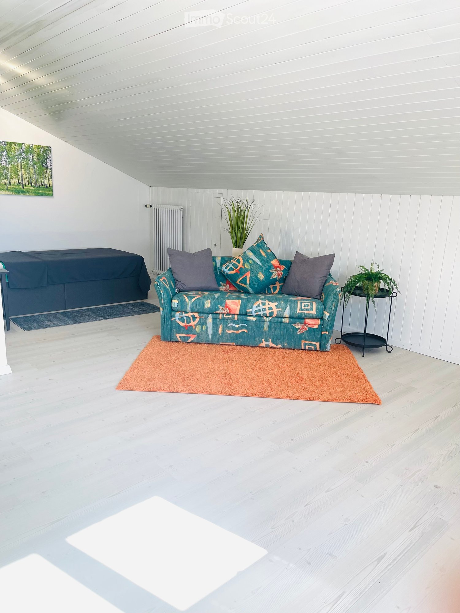 Bright living room with white wooden flooring, a teal patterned sofa, side table with plant, and a picture frame on the wall.