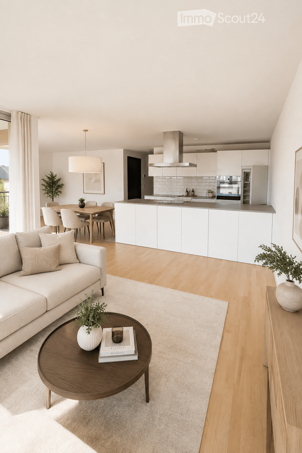 Open-plan living and dining area with a light-colored sofa, coffee table, dining table, and modern kitchen featuring white cabinets and stainless steel appliances.