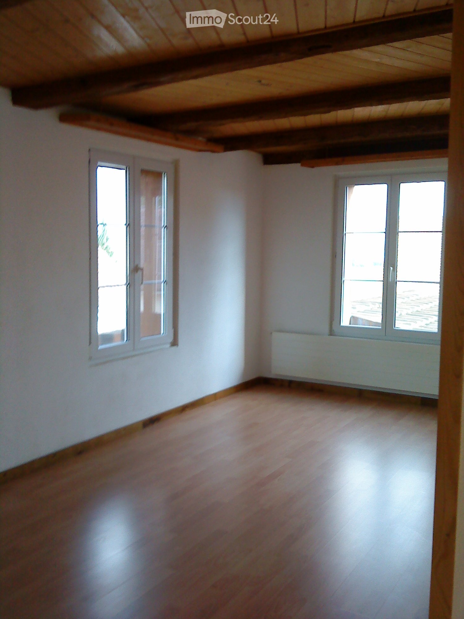 Empty room with wooden floor, two windows, white walls, wooden ceiling, and a white heater.