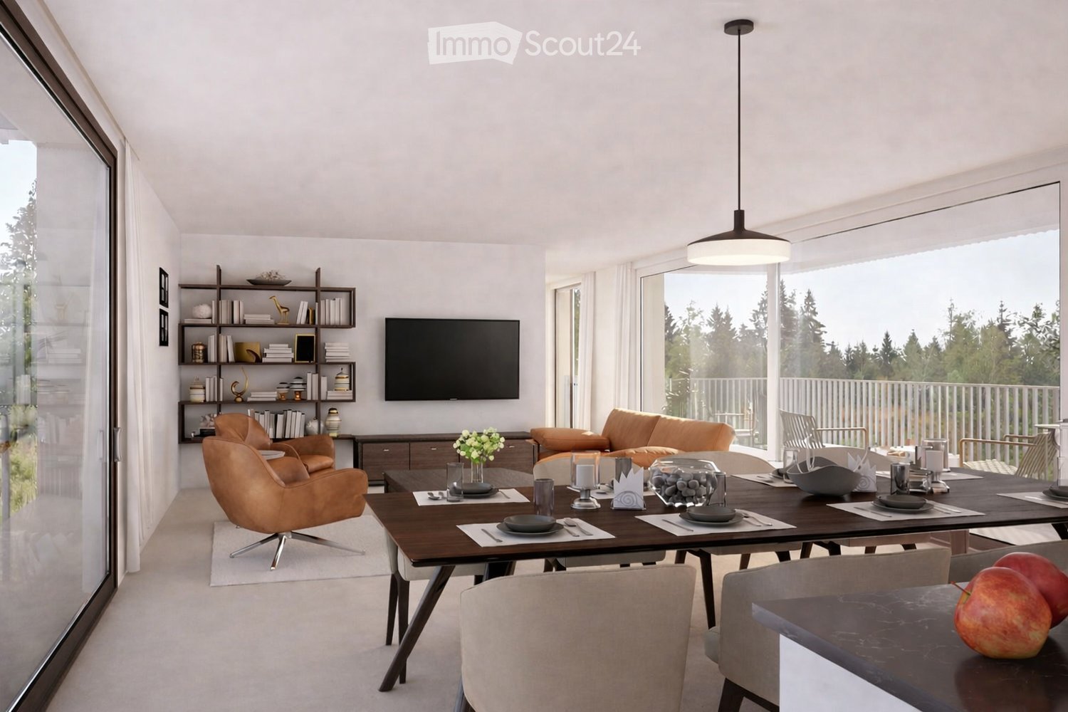 Modern living and dining area with large windows offering a scenic view, featuring a sofa, chairs, dining table, television, bookshelf, and decorative items.