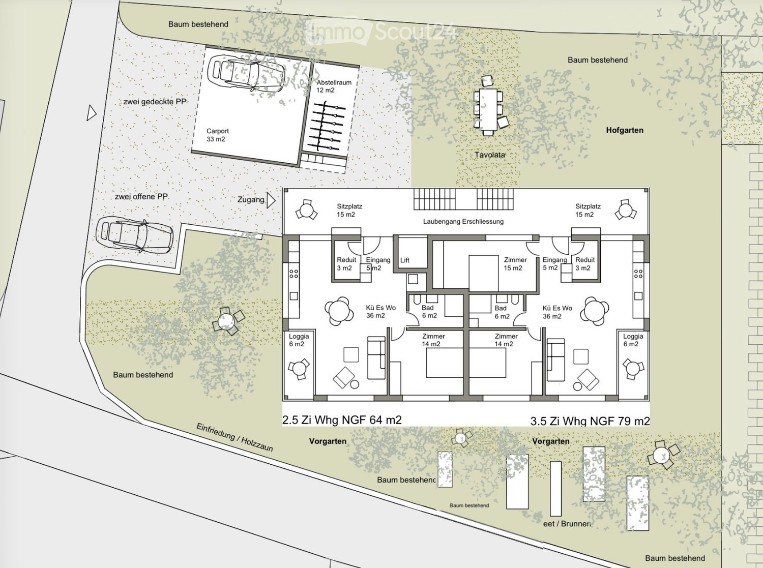 Floor plan of two apartments:2.5-room and 3.5-room, each with kitchen, living area, bedrooms, bathrooms, and loggias. Includes parking spaces, carport, and outdoor seating areas.