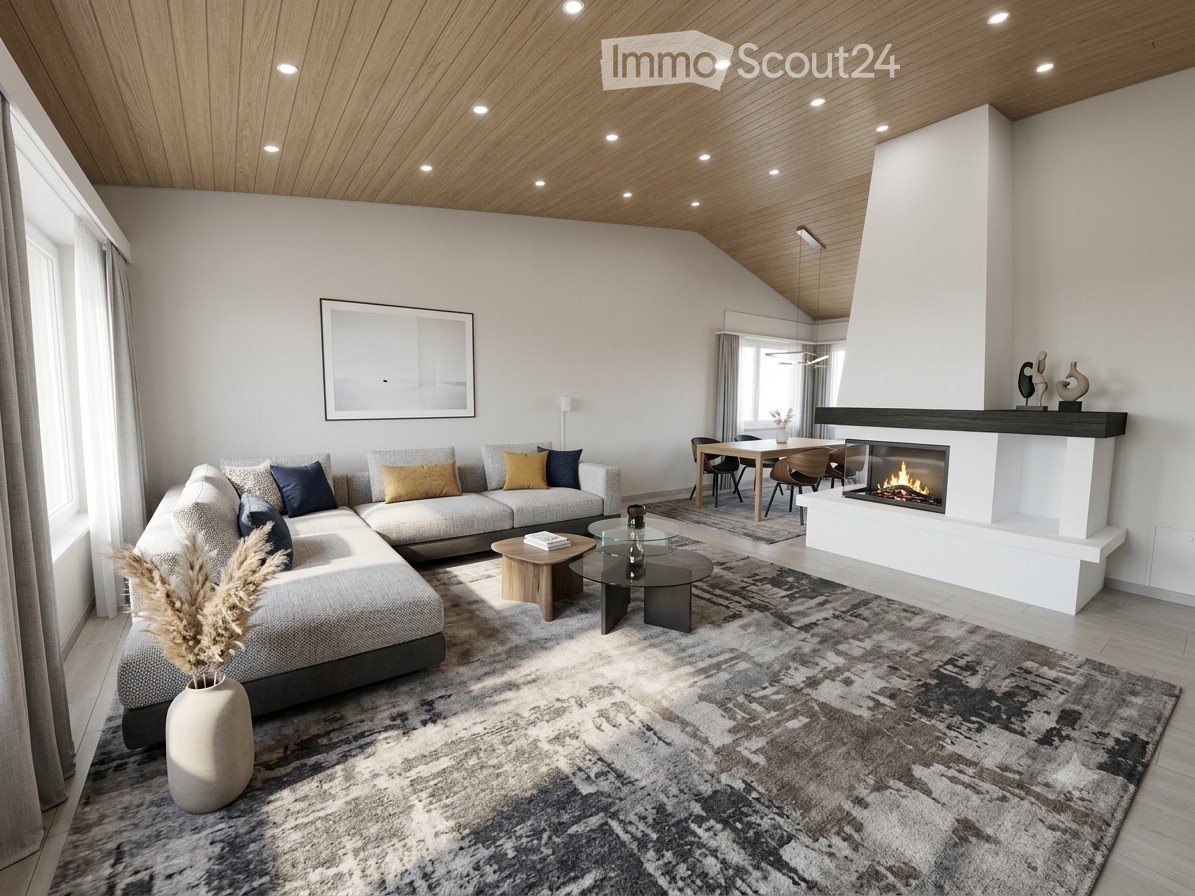 Modern living room with a sectional sofa, fireplace, dining area, and large windows. Features include a wooden ceiling, neutral color palette, and contemporary decor.