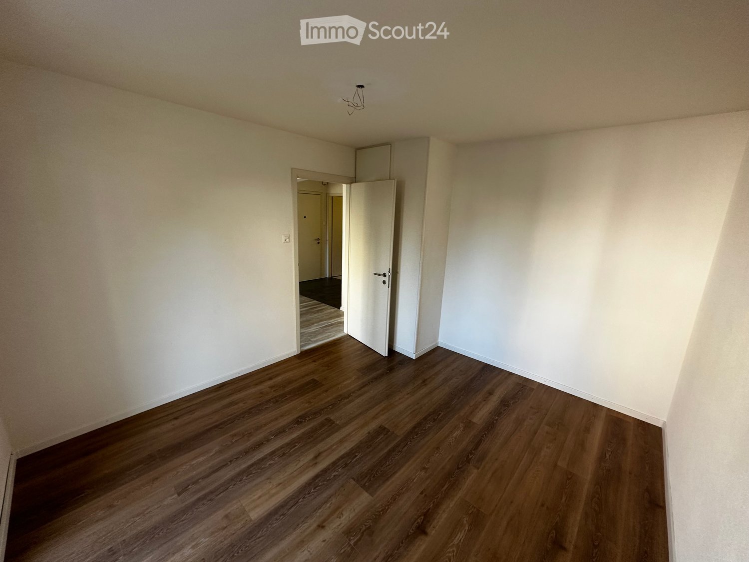 Empty room with light-colored walls and wooden flooring, featuring an open doorway leading to another room.