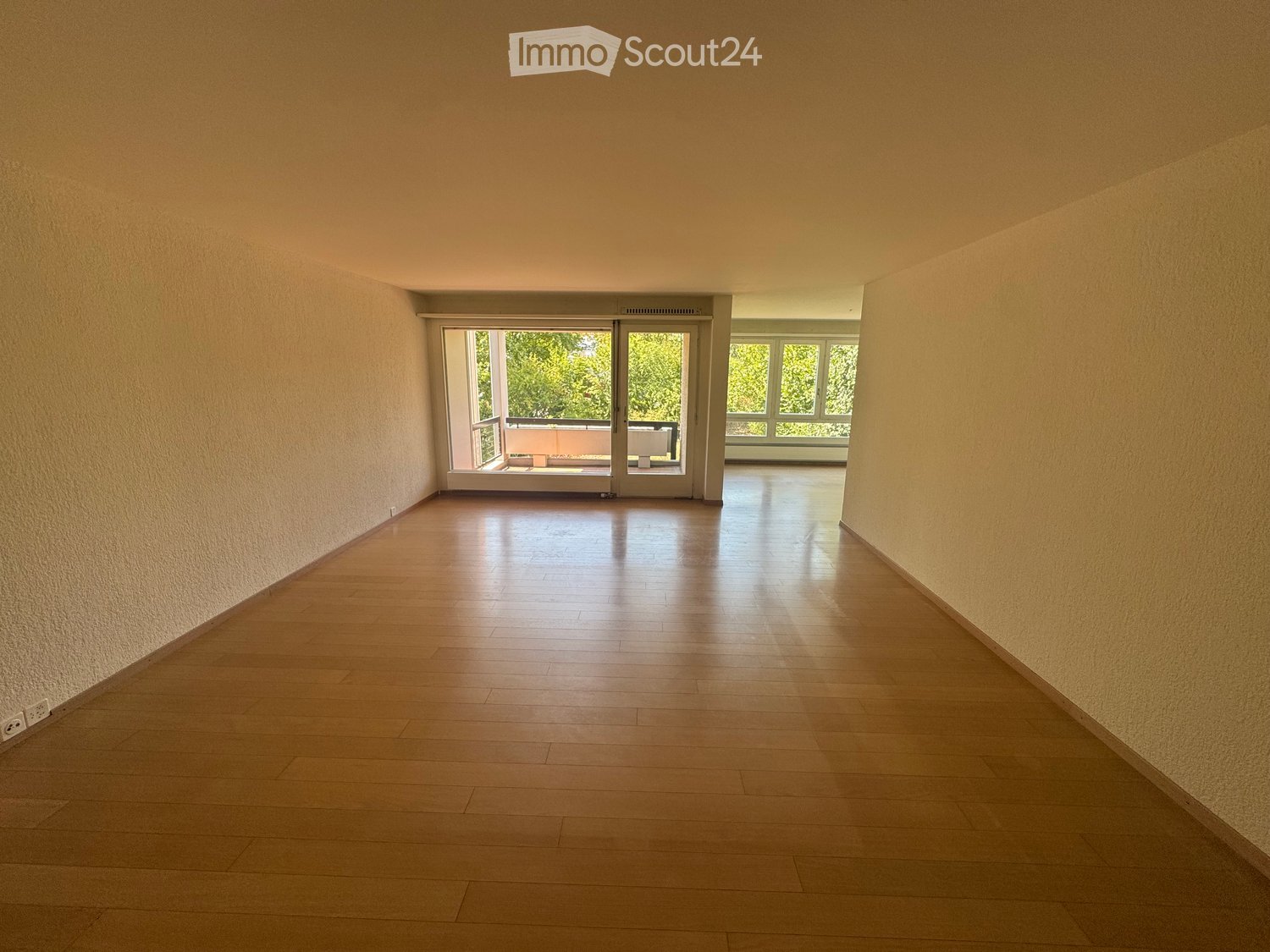 Empty hallway with wooden flooring, light-colored walls, and large windows at the end leading to a balcony area.
