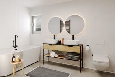 Modern bathroom with a bathtub, double sink vanity, large mirrors, and a small wooden stool holding toiletries.