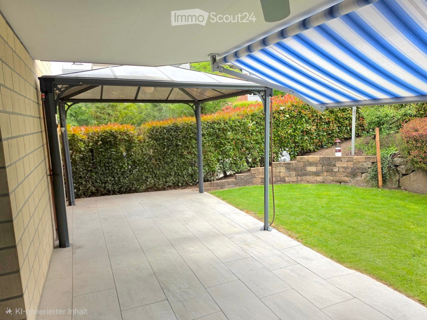 A covered patio area with tiled flooring, a retractable awning, and a well-maintained garden with hedges and a stone wall.