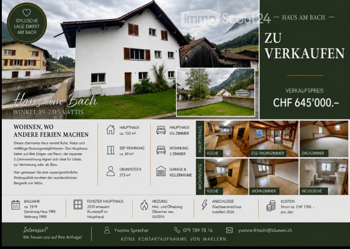 Real estate advertisement for a house in Vattis, Switzerland, featuring a two-story building with a garden, garage, and multiple rooms including a kitchen, living/dining room, bedroom, and bathroom.