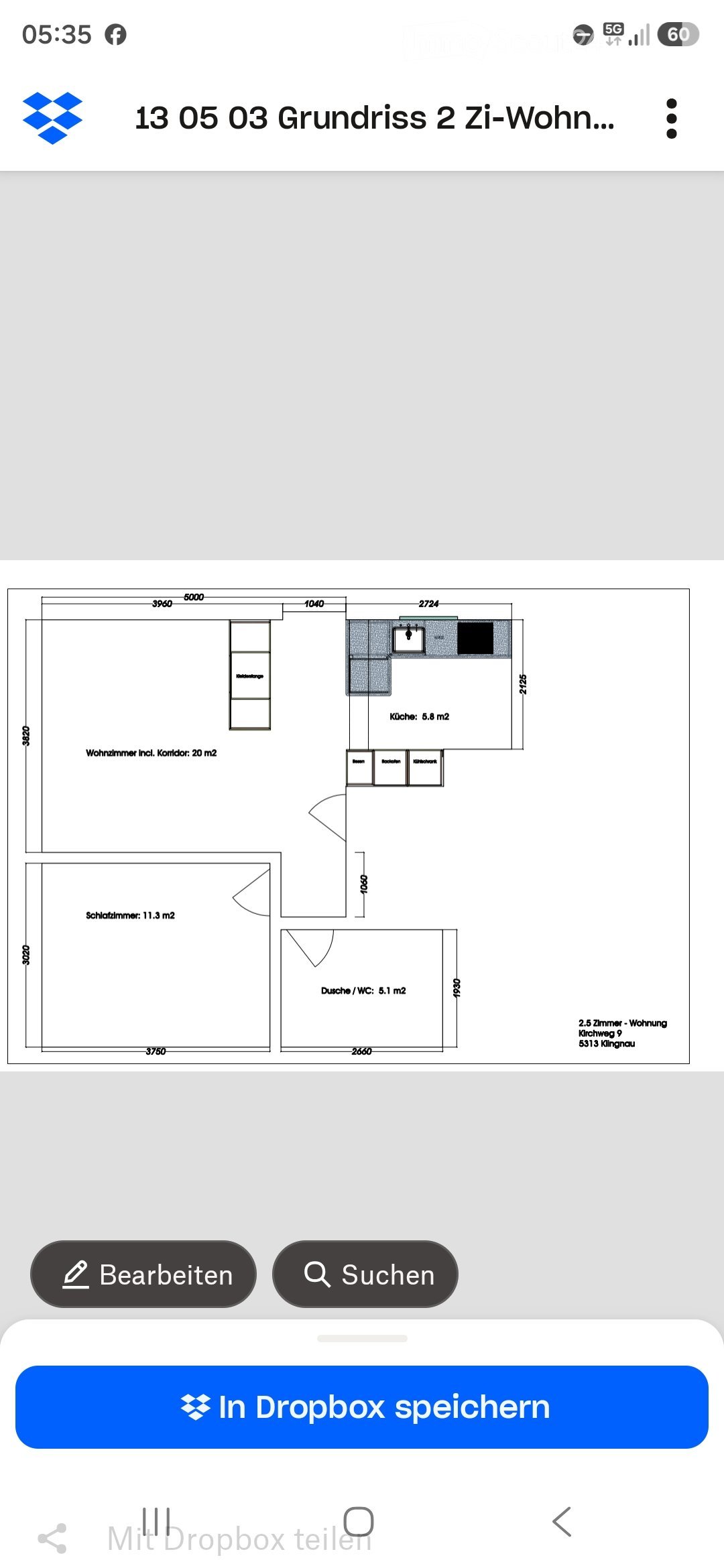 Floor plan of a 2-room apartment with living room, bedroom, kitchen, and bathroom.