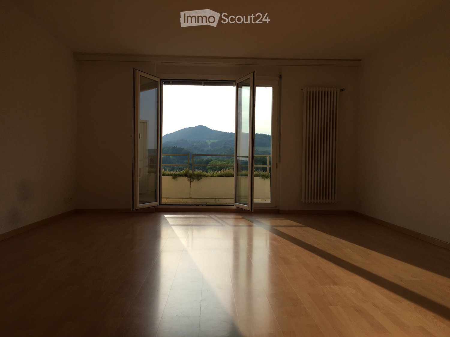 Empty room with wooden flooring, large open sliding doors leading to a balcony with a scenic mountain view.