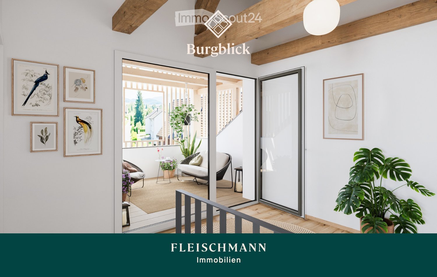 Bright living room with white walls, wooden ceiling beams, large windows, and a view of the balcony. Features a sofa, small table, chairs, and decorative plants.