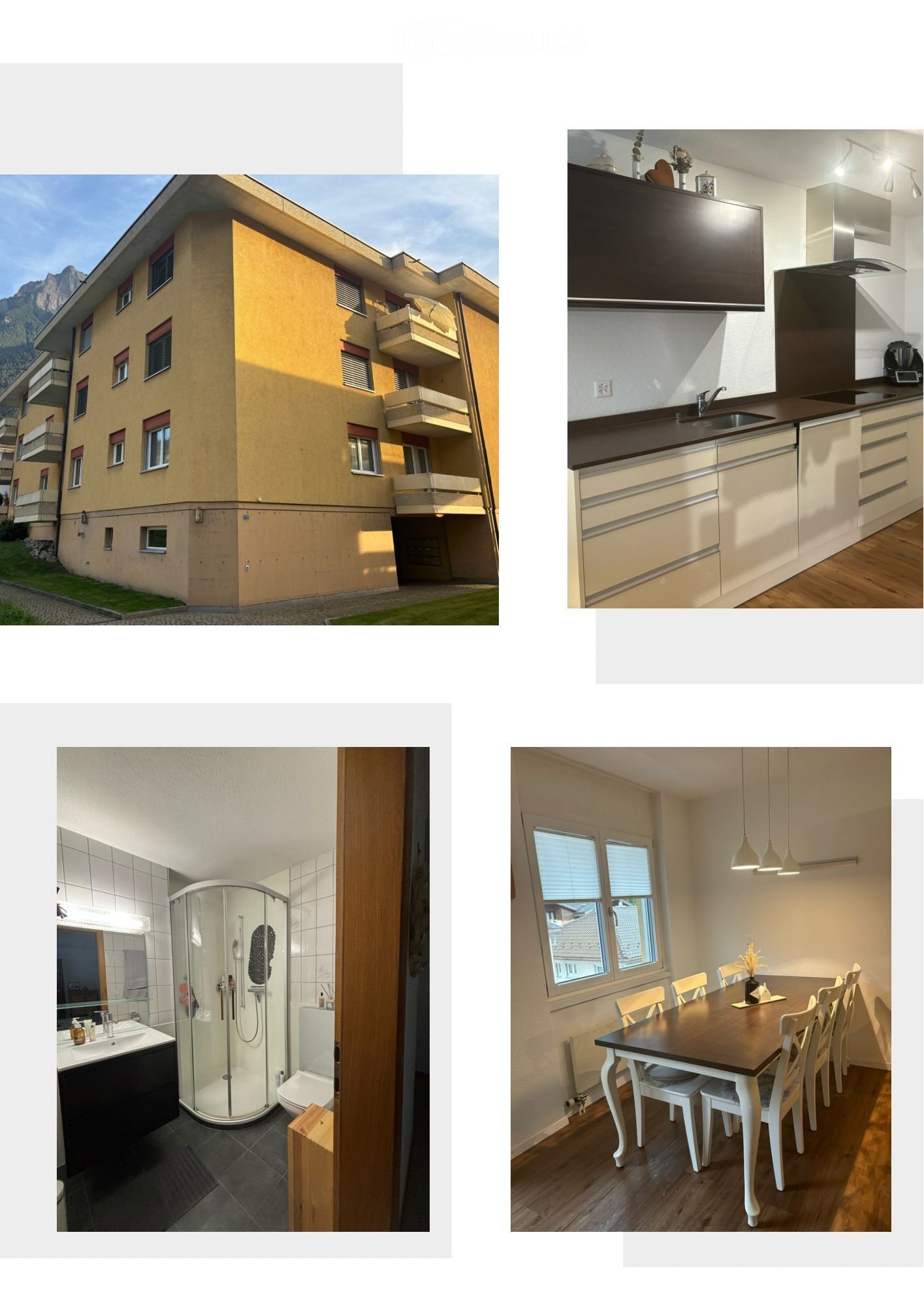 Four-story residential building with balconies, modern kitchen, bathroom with glass shower, and dining area with table and chairs.
