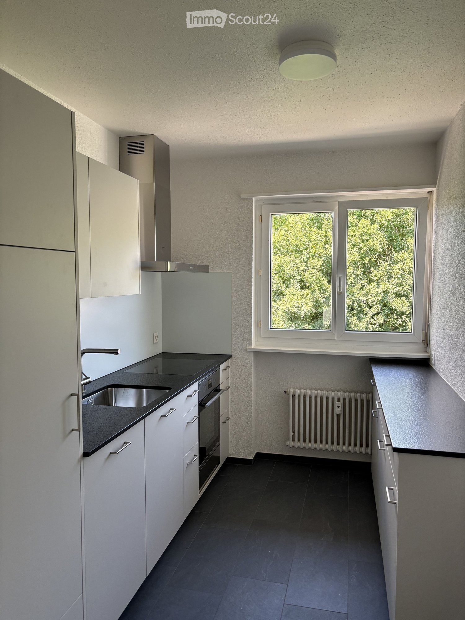 Modern kitchen with white cabinets, black countertop, stainless steel sink, oven, and radiator. Large window with view of greenery.