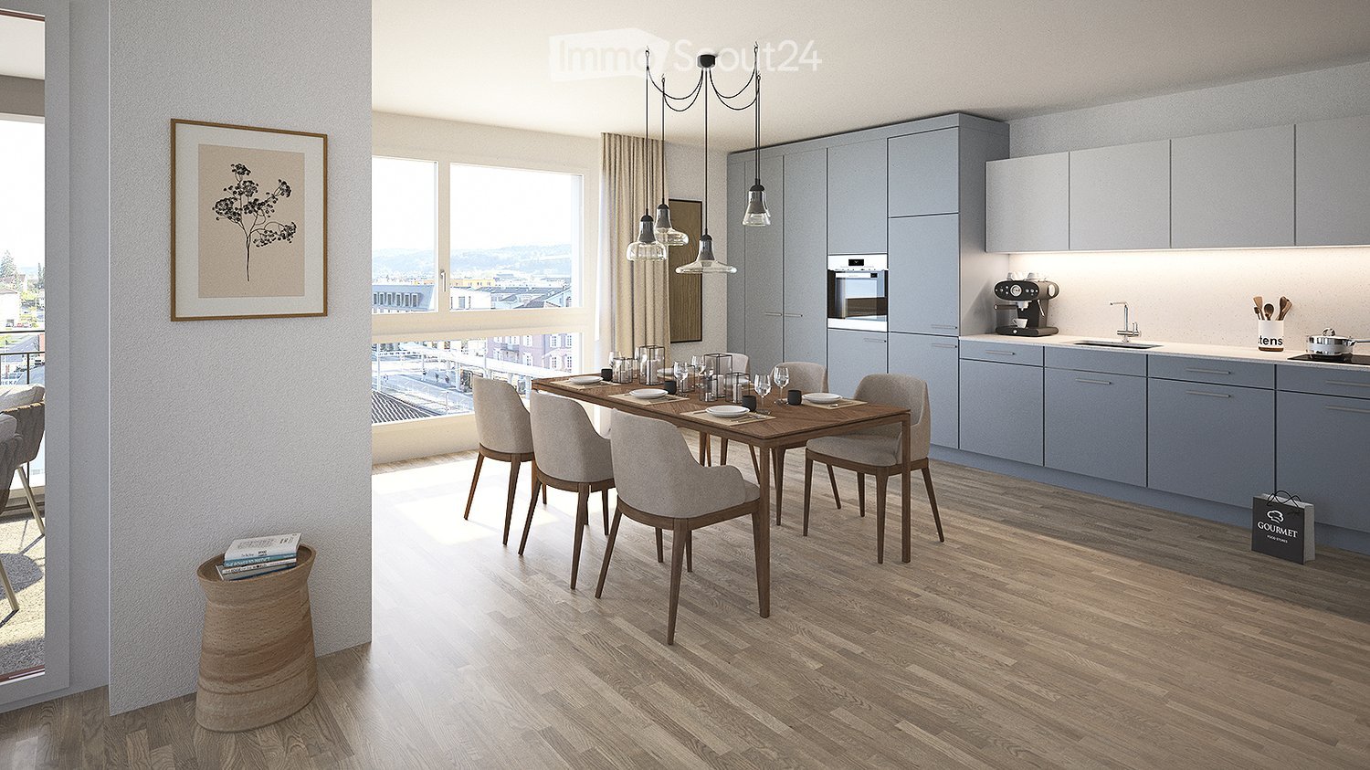 Modern kitchen and dining area with light blue cabinets, wooden dining table, six chairs, and a view of the city through large windows.
