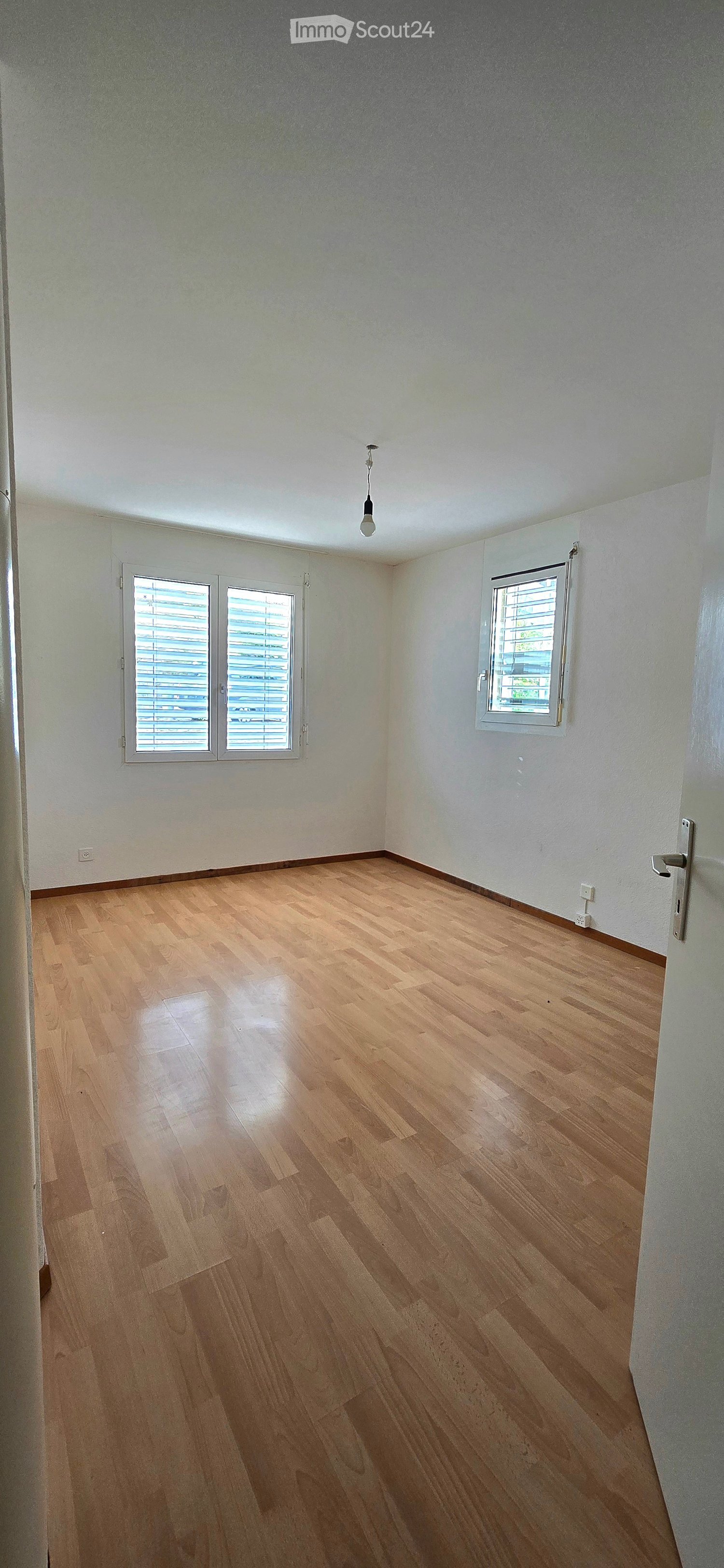 Empty room with light wooden flooring, white walls, and two windows with blinds. The room has a single hanging light fixture and a door visible on the right side.