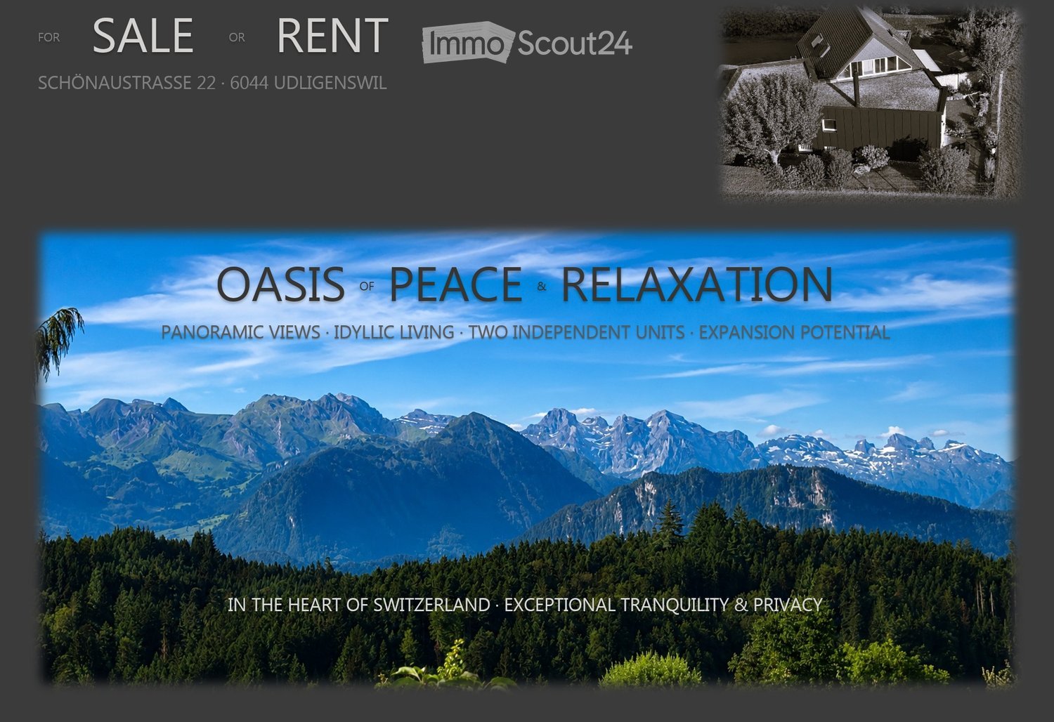Promotional image for a property in Switzerland, featuring panoramic mountain views and a house in the background.